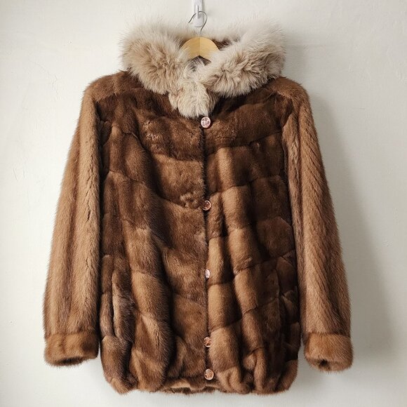 Western Furs Canadian Genuine Mink Fur Coat Stroller Fox Trim Hood VTG Mob Wife - Picture 2 of 16